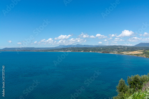 Landscape with small greek islands and bays of Navarino on Peloponnese  Greece  summer vacation destination  eco tourism