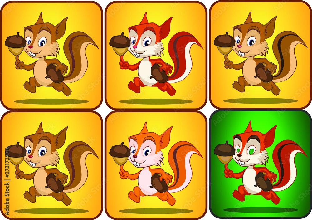 Fototapeta premium Cartoon squirrel holding an acorn in different colors as app icon