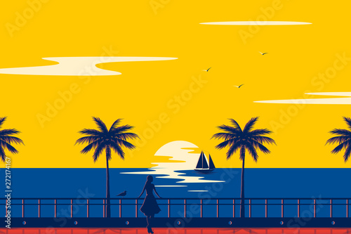 Sunset summer tropical beach with palm trees and sea. Nature landscape and seascape. Girl on the promenade.