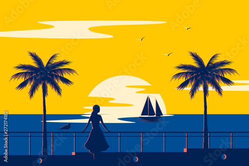 Sunset summer tropical beach with palm trees and sea. Nature landscape and seascape. Girl on the promenade.
