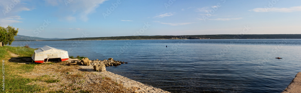 Idyllic beach on coast of Seline Croatia, Evening panorama of Seline