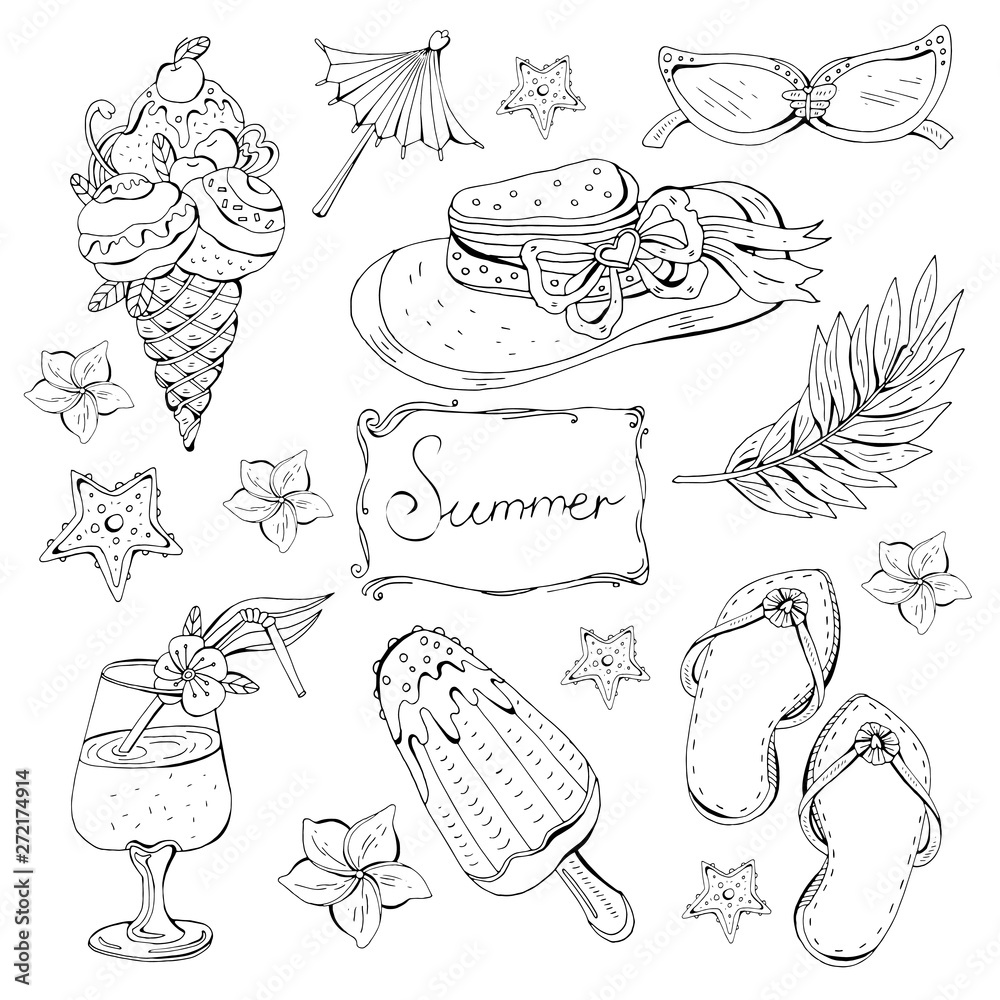 Summer travel set. Monochrome objects isolated on white background. Hand drawn vintage hat, seashells, ice cream, tropical flowers, glasses, cocktail, flip-flops. Fashion vector illustration.
