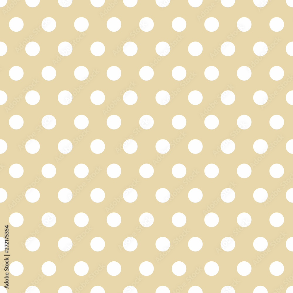 beige Seamless Background with Polka Dot pattern. Polka dot fabric. Retro pattern. Casual stylish white polka dot texture on beige background.