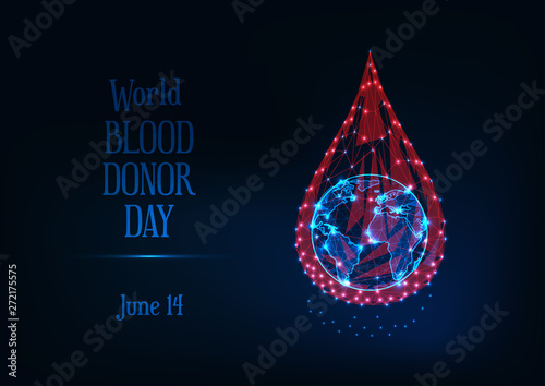 World blood donor day web banner with glowing low poly blood drop and planet earth globe and text .