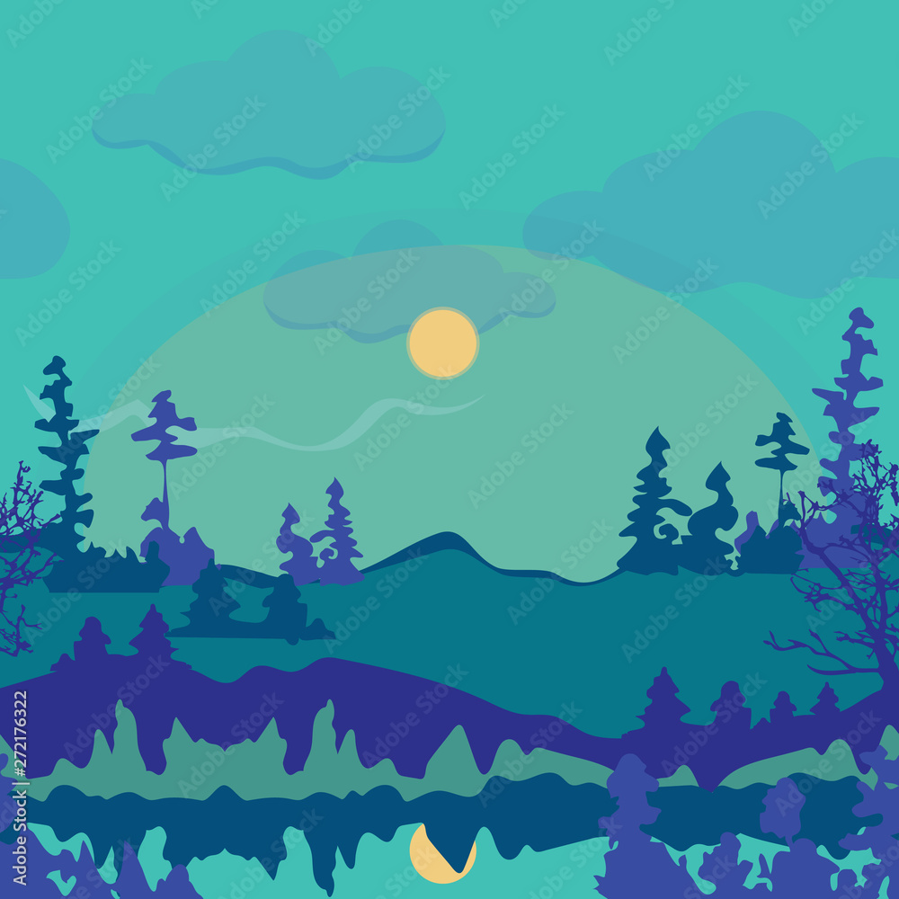 Seamless illustration of mountain scenery, abstract summer night landscape. Vector pattern in shades of yellow, aqua, navy, purple and green. Designed for scrapbooking, wallpaper, gift wraps, fabric,