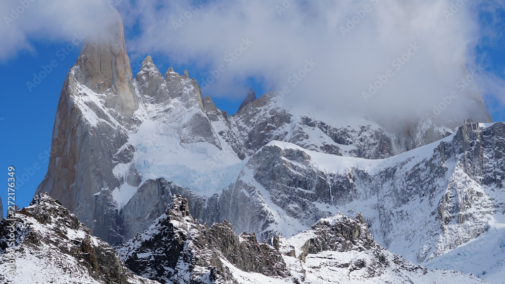 Peak of the Mount Fitz Roy in clouds. Located in Patagonia in Argentina.