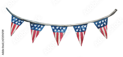 A composition painted in watercolor, a banner with stylized flags, USA. Element on white background for graphic design on festive patriotic themes.