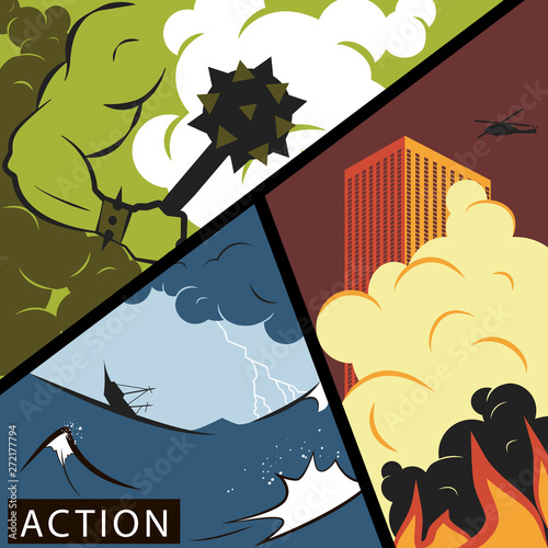 Comic wars. Action movie poster concept. Vector illustration in flat style.