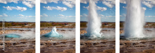Fotografija A 4 photo sequence of a geyser eruption in Iceland on a sunny day
