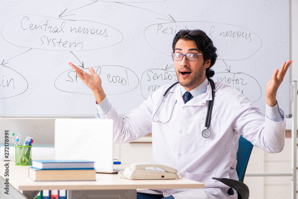 Young male doctor neurologist in front of whiteboard Young male doctor neurologist in front of whiteboard