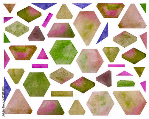 Set of watercolor geometric shapes. Bright pink shades