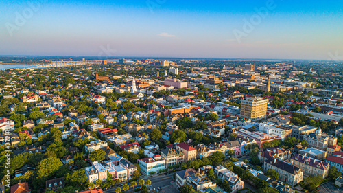 Rainbow Row and Downtown Charleston, South Carolina, USA Skyline Aerial