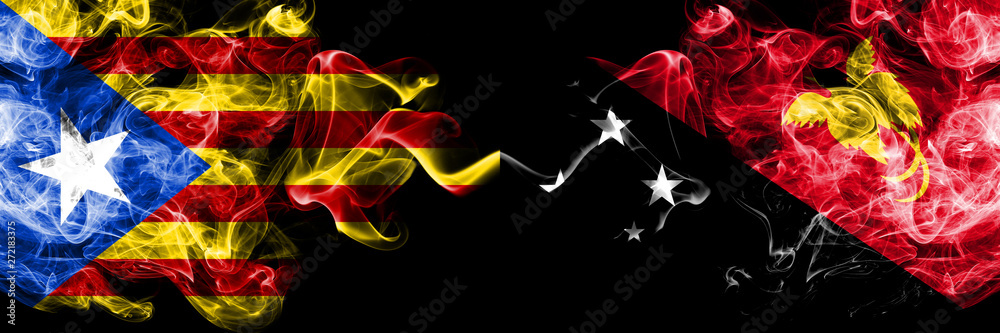 Fototapeta Catalonia vs Papua New Guinea smoke flags placed side by side. Thick colored silky smoke flags of Catalonia and Papua New Guinea