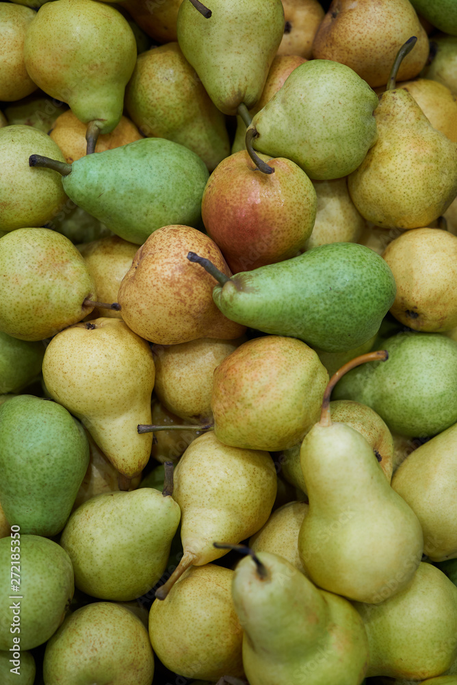 Pear fruit background, close-up. Healthy diet food. Agriculture concept