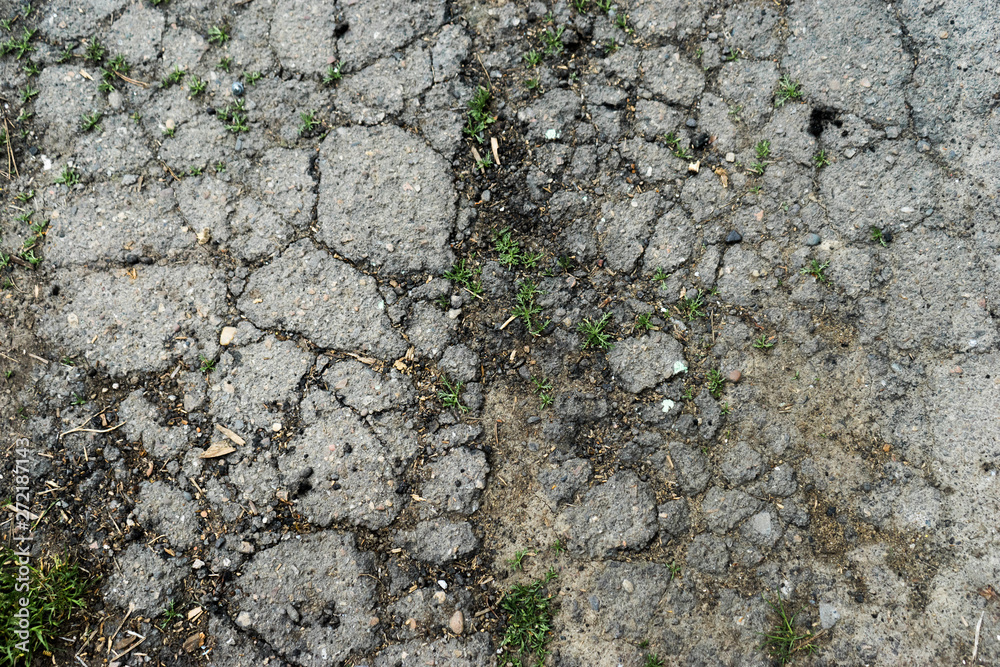 old broken asphalt overgrown with grass old broken asphalt overgrown with grass