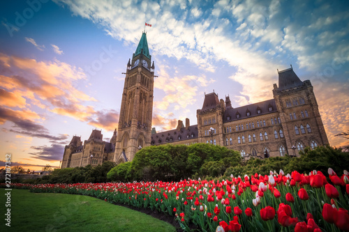 View of Canada Parliament building in Ottawa during tulip festival photo