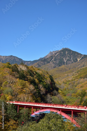 Big red bridge with blue sky and red leaves photo