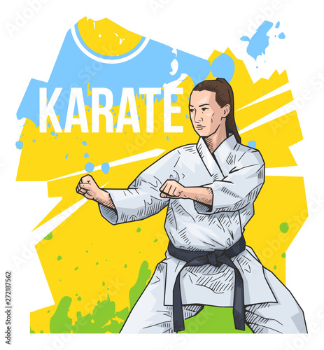 Vector illustration of a woman practicing karate. Female martial artist standing in battle stance, ready to fight. Karate, taekwondo. Beautiful sport themed poster
