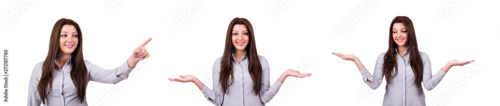 Young beautiful woman pressing virtual button Young beautiful woman pressing virtual button