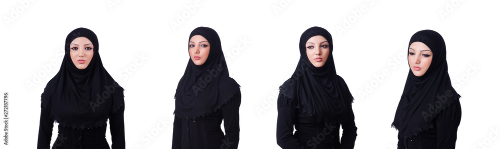 Muslim young woman wearing hijab on white