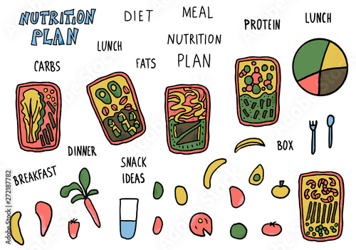 Health food vector set. Lunch boxes with meal.