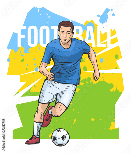 Football, soccer player on abstract background. Sport poster, print graphic design. Bright, colorful vector illustration
