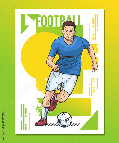 Football, soccer player on abstract background. Sport poster, print graphic design. Bright, colorful vector illustration