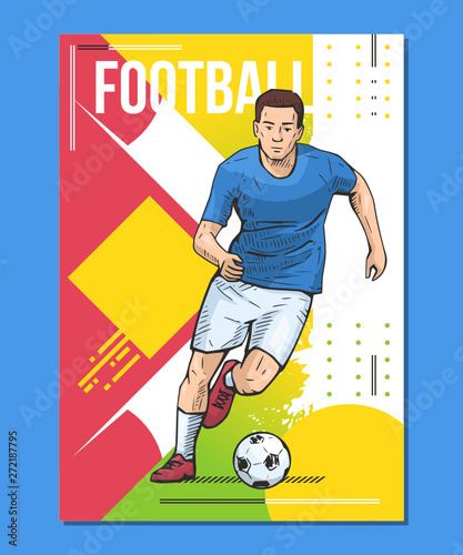 Football, soccer player on abstract background. Sport poster, print graphic design. Bright, colorful vector illustration