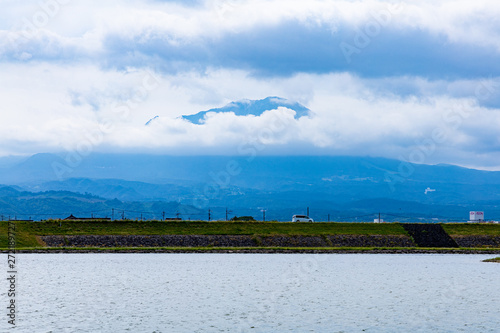 日本　日野川　河口　海　土手　大山