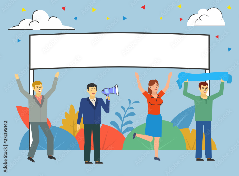 Cheering team, congratulations, greetings. People cheer for someone with blank banner. Poster for social media, web page, banner, presentation. Flat design vector illustration Cheering team, congratulations, greetings. People cheer for someone with blank banner. Poster for social media, web page, banner, presentation. Flat design vector illustration