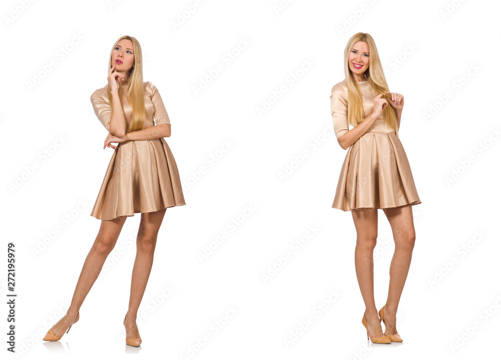 Beautiful woman in golden dress isolated on white 