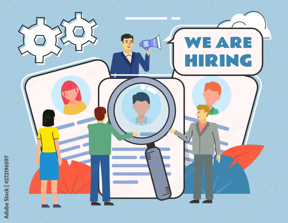 Hiring, recruiting personnel. Staff resumes, search for people, employee. Poster for web page, banner, social media, presentation. Flat design vector illustration Hiring, recruiting personnel. Staff resumes, search for people, employee. Poster for web page, banner, social media, presentation. Flat design vector illustration
