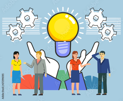 Startup, new business project concept. People stand near big hands holding idea bulb. Poster for web page, banner, social media, presentation. Flat design vector illustration