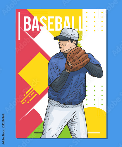 Colorful baseball sport themed poster. Vector illustration of a baseball pitcher on abstract background