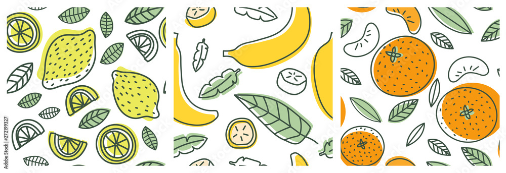 Fototapeta premium Cytryna, banan i pomarańcza. Zestaw wzór owoców. Projektowanie mody. Nadruk żywności na ubrania, pościel lub zasłony. Ręcznie rysowane szkic wektor. Egzotyczna kolekcja tła