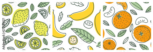 Lemon, banana and orange. Fruit seamless pattern set. Fashion design. Food print for clothes, linens or curtain. Hand drawn vector sketch. Exotic background collection