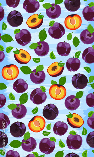 Fototapeta Naklejka Na Ścianę i Meble -  Fresh purple plum seamless pattern, slices, pits, leaves, core. Set of fruits. Vector illustration on grunge blue background