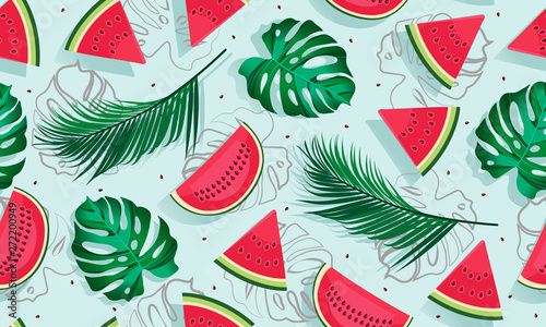 Seamless pattern watermelons with tropical leaf, slice of watermelon vector illustration on blue background, Tropical fruit pattern summer style