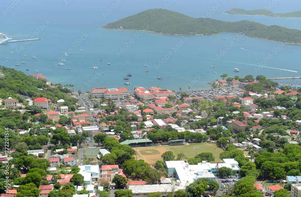 Town of Charlotte Amalie, Long Bay and Hassel Island aerial view at Saint Thomas Island, US Virgin Islands, USA