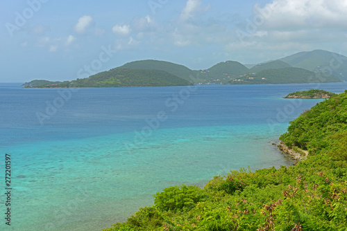 Aerial view of British Virgin Islands and Leinster Bay  from Virgin Island National Park in US Virgin Islands  USA.