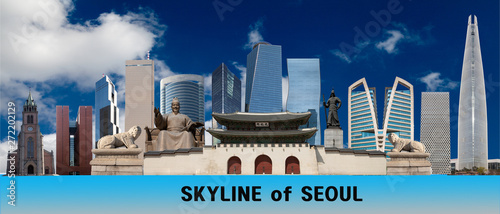 Photography panorama view of seoul city skyline with white cloud & clean sky colored backgro