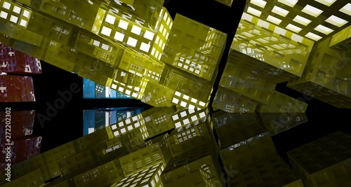 Abstract black and colored gradient glasses interior multilevel public space with neon lights. 3D illustration and rendering.