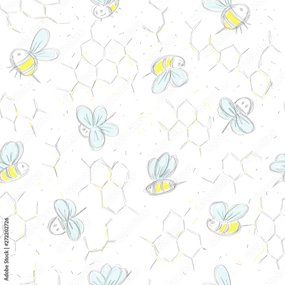 Hand drawing pattern with bees and honeycombs Hand drawing pattern with bees and honeycombs