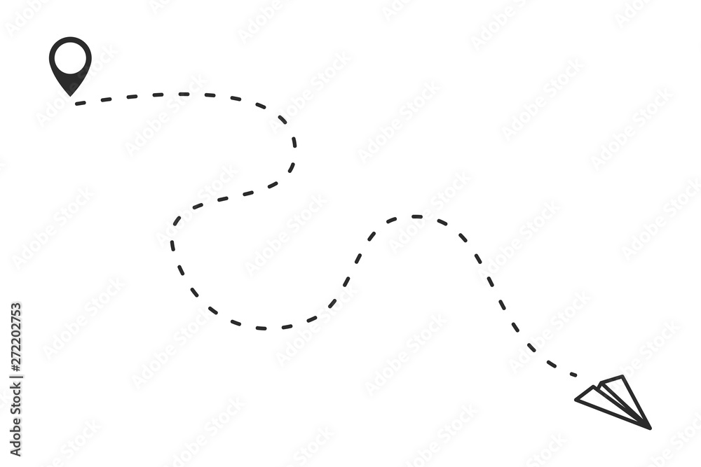 Paper Planes or airplane is in a dotted line. Tourism and travel. The waypoint is for a tourist trip. and his track on a white background.