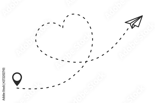 Paper Planes or airplane is in a dotted line. Tourism and travel. The waypoint is for a tourist trip. and his track on a white background.