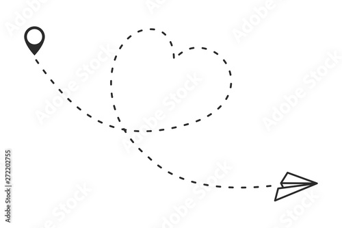 Paper Planes or airplane is in a dotted line. Tourism and travel. The waypoint is for a tourist trip. and his track on a white background.