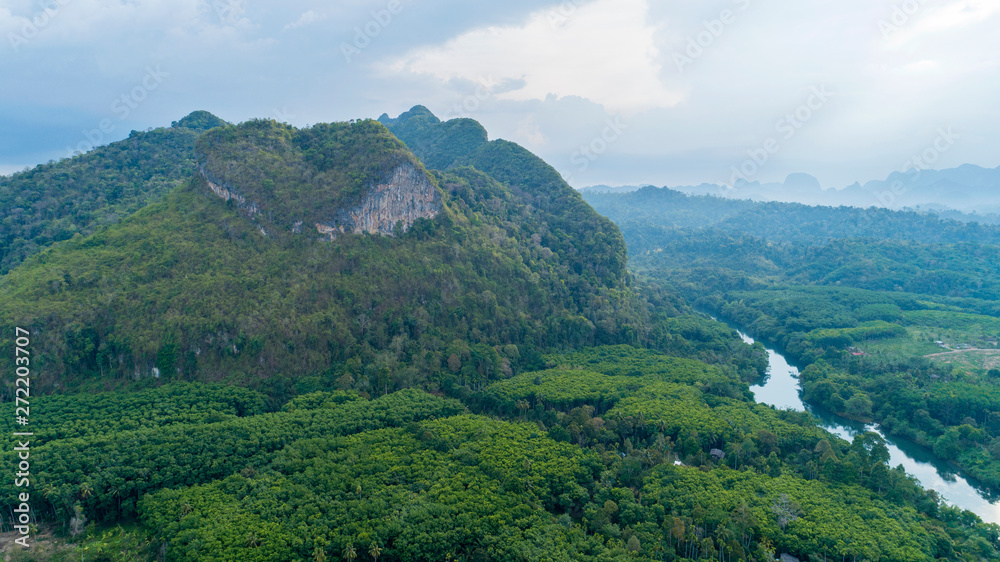 Drone nature view of Amazing heart nature mountain at Surat Thani, Thailand