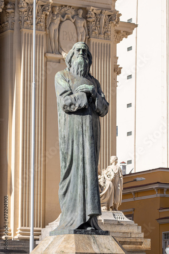 Rio de Janeiro, Brazil – June 07, 2019: Tiradentes statue seen from below at the entrance to Tiradentes Palace (Congress of the State of Rio de Janeiro, Brazil) during the afternoon
