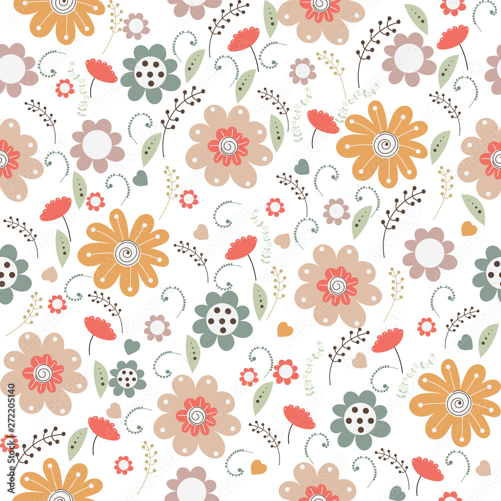 Vector floral pattern in doodle style with flowers and leaves.