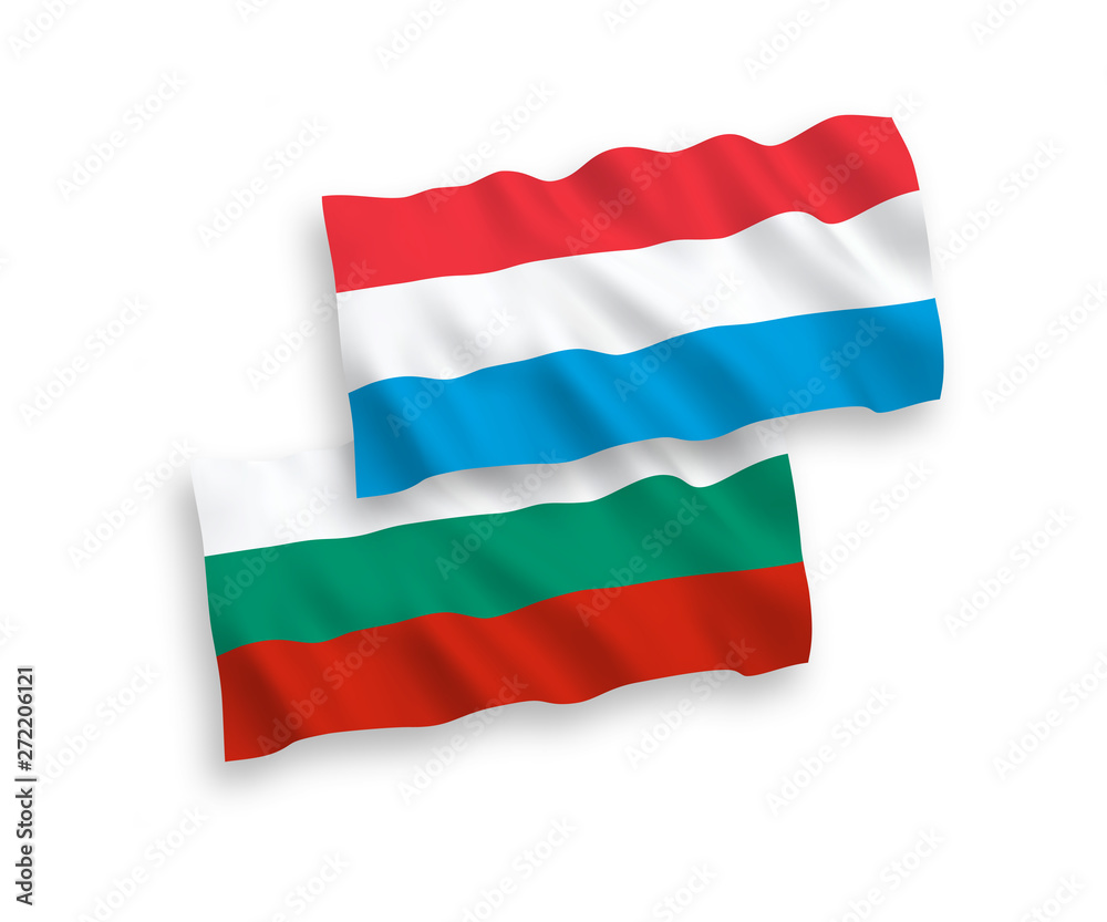 National vector fabric wave flags of Bulgaria and Luxembourg isolated on white background. 1 to 2 proportion.